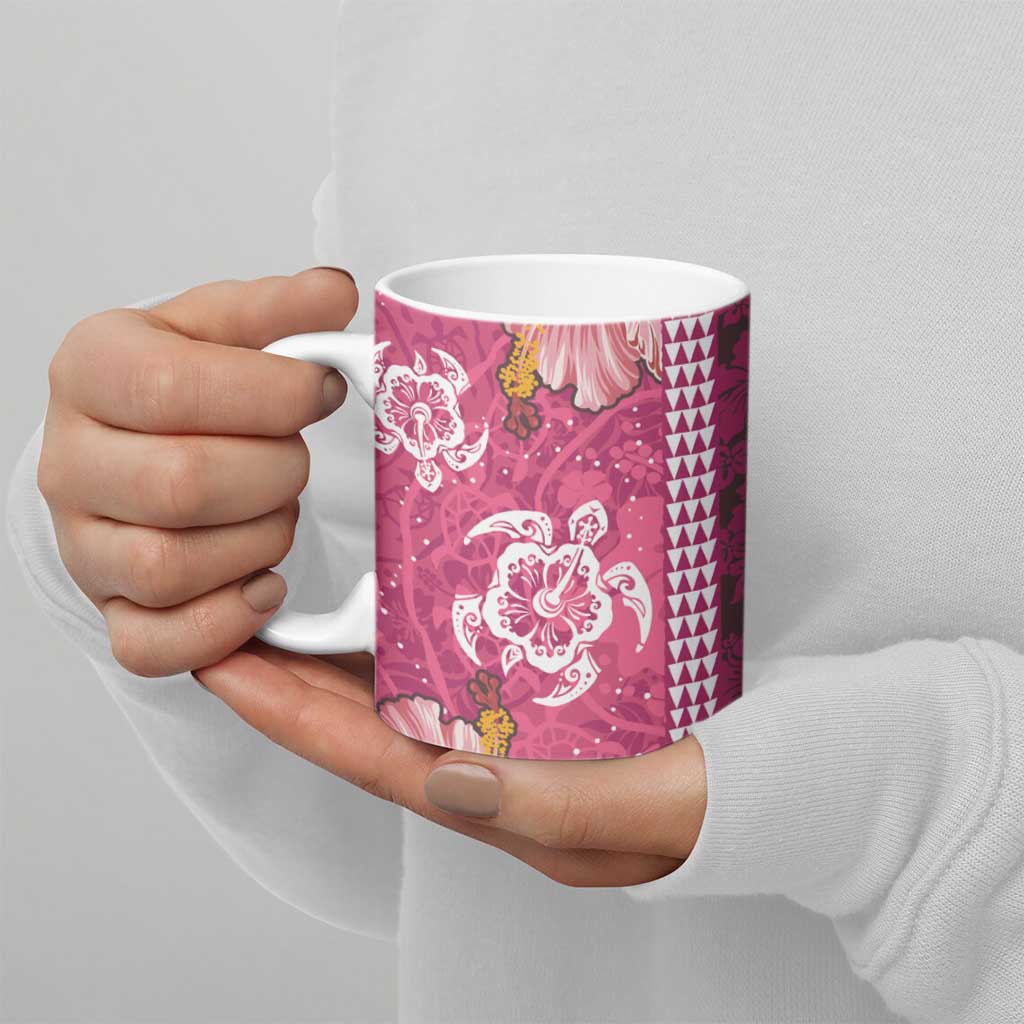 Pink Hibiscus Turle Ceramic Mug Hawaiian Style Tribal Tapa Pattern - Polynesian Pride