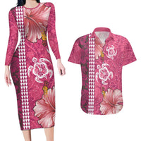 Pink Hibiscus Turle Couples Matching Long Sleeve Bodycon Dress and Hawaiian Shirt Hawaiian Style Tribal Tapa Pattern LT9 Pink - Polynesian Pride