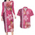 Pink Hibiscus Turle Couples Matching Long Sleeve Bodycon Dress and Hawaiian Shirt Hawaiian Style Tribal Tapa Pattern