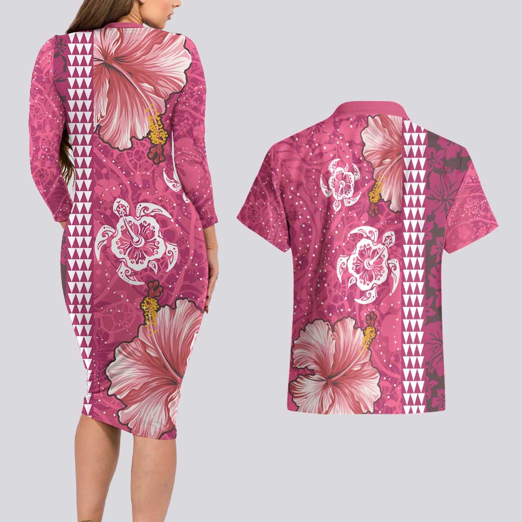 Pink Hibiscus Turle Couples Matching Long Sleeve Bodycon Dress and Hawaiian Shirt Hawaiian Style Tribal Tapa Pattern LT9 - Polynesian Pride