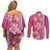 Pink Hibiscus Turle Couples Matching Off Shoulder Short Dress and Long Sleeve Button Shirt Hawaiian Style Tribal Tapa Pattern