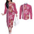 Pink Hibiscus Turle Couples Matching Off The Shoulder Long Sleeve Dress and Long Sleeve Button Shirt Hawaiian Style Tribal Tapa Pattern