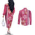 Pink Hibiscus Turle Couples Matching Off The Shoulder Long Sleeve Dress and Long Sleeve Button Shirt Hawaiian Style Tribal Tapa Pattern