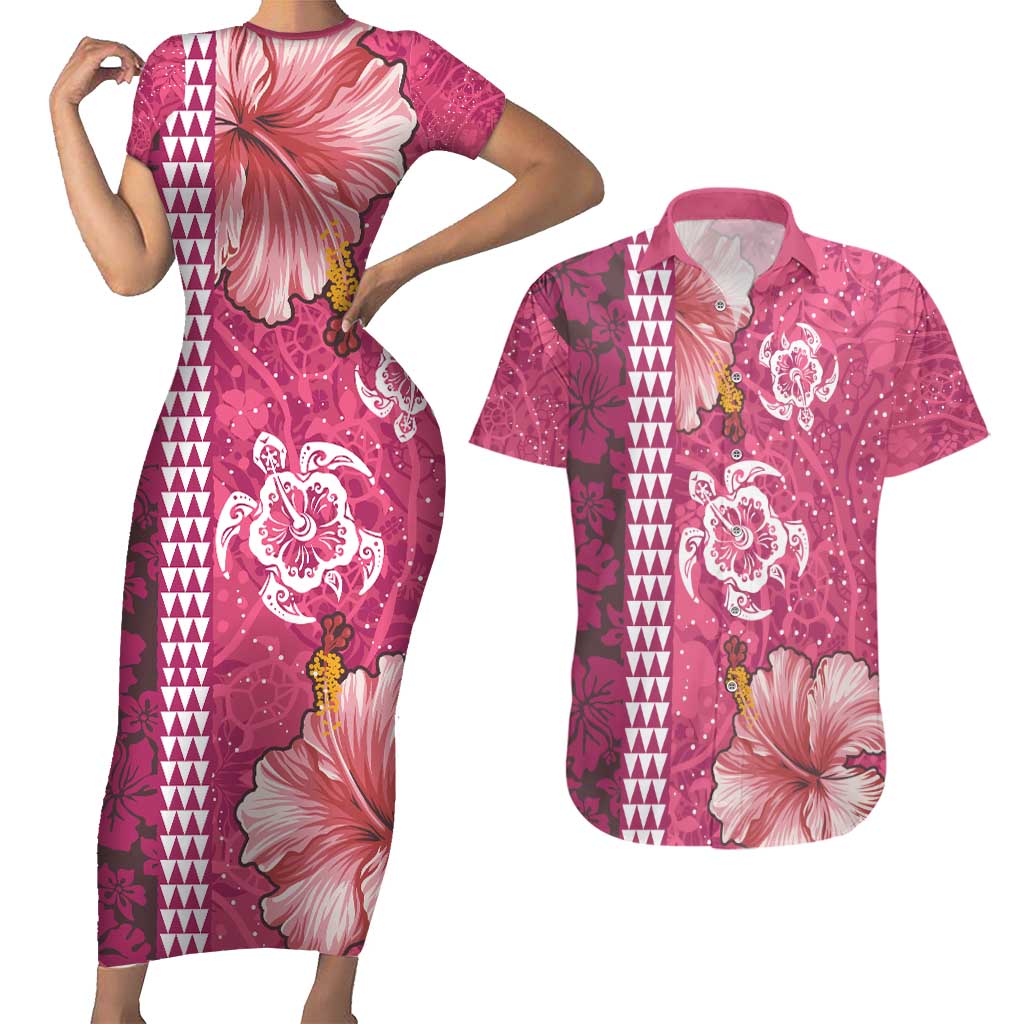 Pink Hibiscus Turle Couples Matching Short Sleeve Bodycon Dress and Hawaiian Shirt Hawaiian Style Tribal Tapa Pattern LT9 Pink - Polynesian Pride