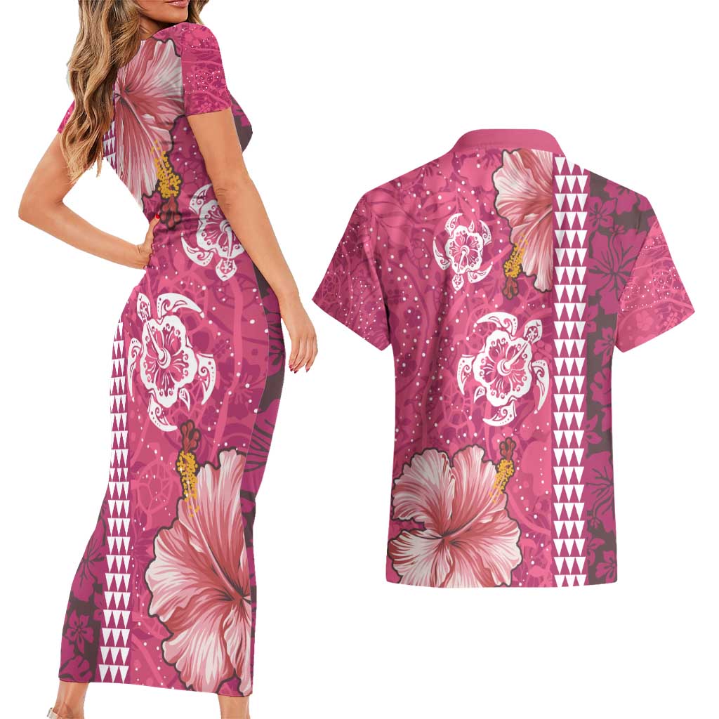 Pink Hibiscus Turle Couples Matching Short Sleeve Bodycon Dress and Hawaiian Shirt Hawaiian Style Tribal Tapa Pattern LT9 - Polynesian Pride
