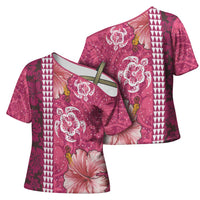 Pink Hibiscus Turle Cross Shoulder Shirt Hawaiian Style Tribal Tapa Pattern - Polynesian Pride