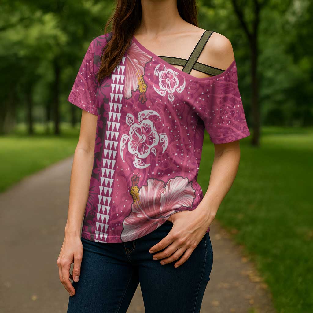 Pink Hibiscus Turle Cross Shoulder Shirt Hawaiian Style Tribal Tapa Pattern - Polynesian Pride