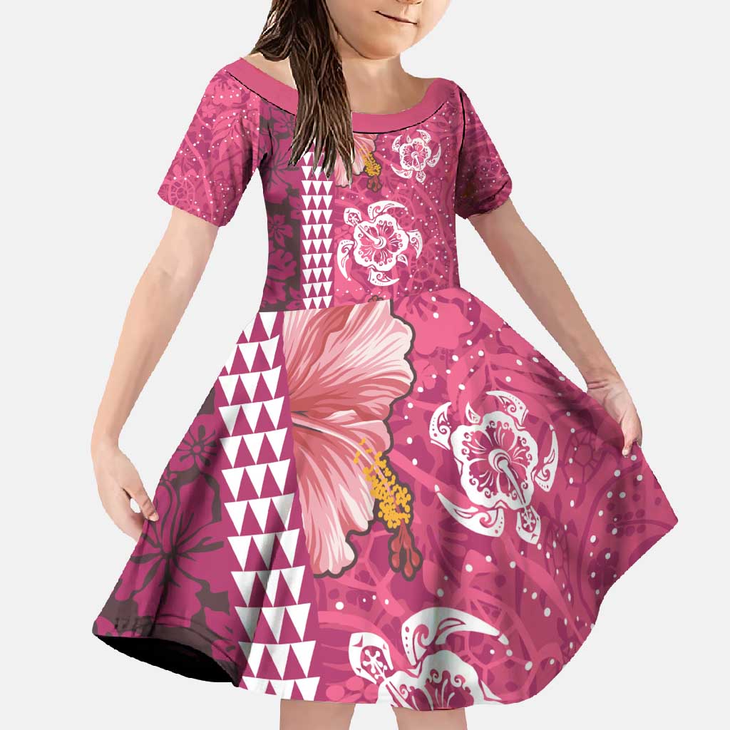 Pink Hibiscus Turle Family Matching Mermaid Dress and Hawaiian Shirt Hawaiian Style Tribal Tapa Pattern LT9 Daughter's Dress Pink - Polynesian Pride