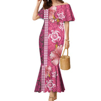 Pink Hibiscus Turle Family Matching Mermaid Dress and Hawaiian Shirt Hawaiian Style Tribal Tapa Pattern LT9 Mom's Dress Pink - Polynesian Pride