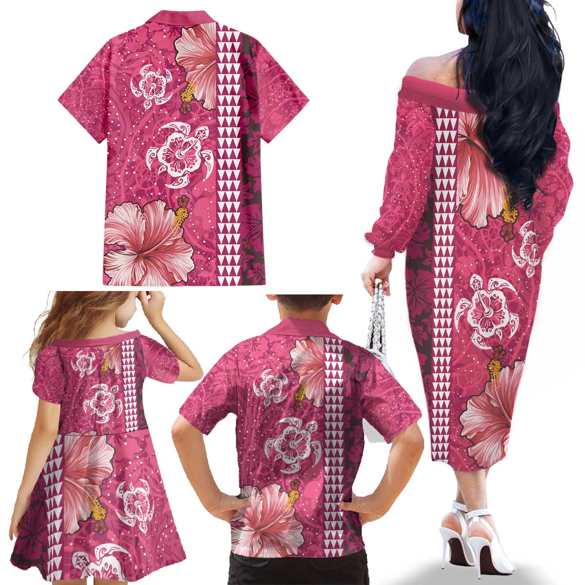 Pink Hibiscus Turle Family Matching Off The Shoulder Long Sleeve Dress and Hawaiian Shirt Hawaiian Style Tribal Tapa Pattern LT9 - Polynesian Pride