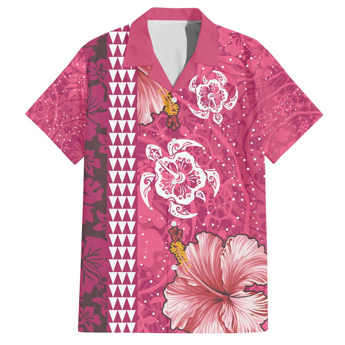 Pink Hibiscus Turle Family Matching Off The Shoulder Long Sleeve Dress and Hawaiian Shirt Hawaiian Style Tribal Tapa Pattern LT9 Dad's Shirt - Short Sleeve Pink - Polynesian Pride
