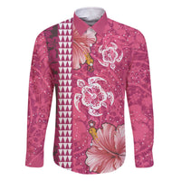 Pink Hibiscus Turle Family Matching Off The Shoulder Long Sleeve Dress and Hawaiian Shirt Hawaiian Style Tribal Tapa Pattern LT9 Dad's Shirt - Long Sleeve Pink - Polynesian Pride