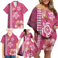 Pink Hibiscus Turle Family Matching Off Shoulder Short Dress and Hawaiian Shirt Hawaiian Style Tribal Tapa Pattern LT9 - Polynesian Pride