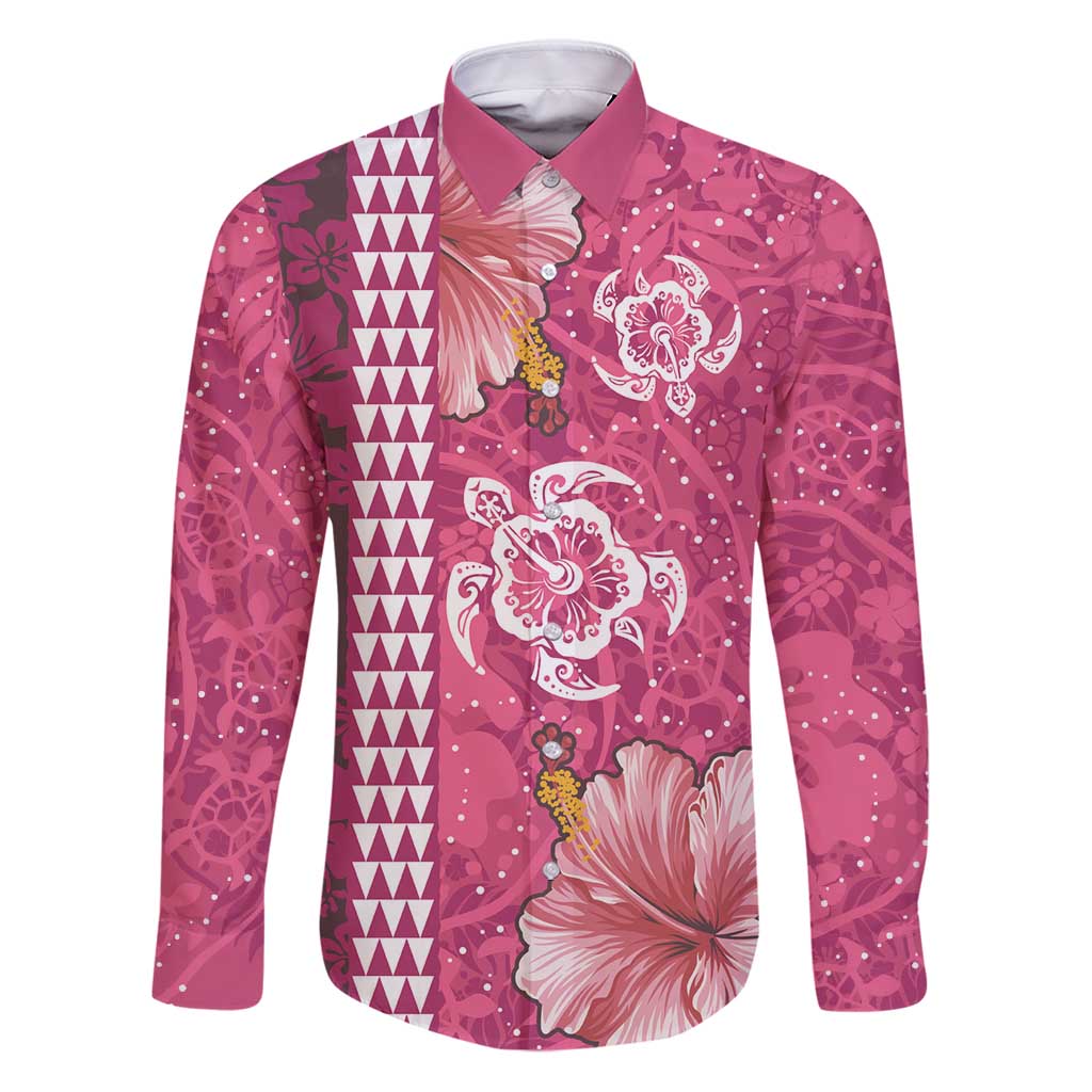 Pink Hibiscus Turle Family Matching Puletasi and Hawaiian Shirt Hawaiian Style Tribal Tapa Pattern LT9 Dad's Shirt - Long Sleeve Pink - Polynesian Pride