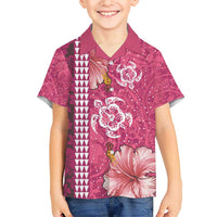 Pink Hibiscus Turle Family Matching Short Sleeve Bodycon Dress and Hawaiian Shirt Hawaiian Style Tribal Tapa Pattern LT9 Son's Shirt Pink - Polynesian Pride