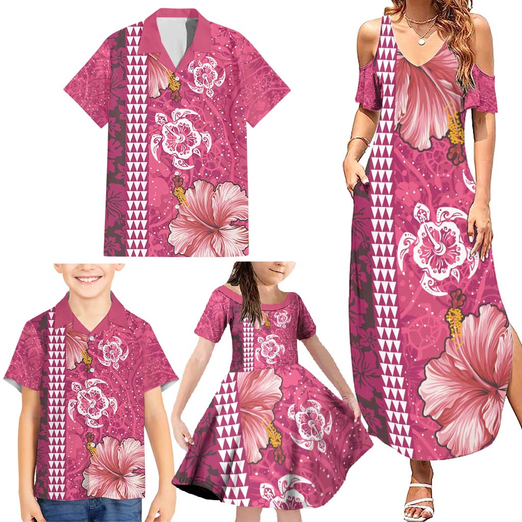 Pink Hibiscus Turle Family Matching Summer Maxi Dress and Hawaiian Shirt Hawaiian Style Tribal Tapa Pattern