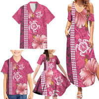 Pink Hibiscus Turle Family Matching Summer Maxi Dress and Hawaiian Shirt Hawaiian Style Tribal Tapa Pattern