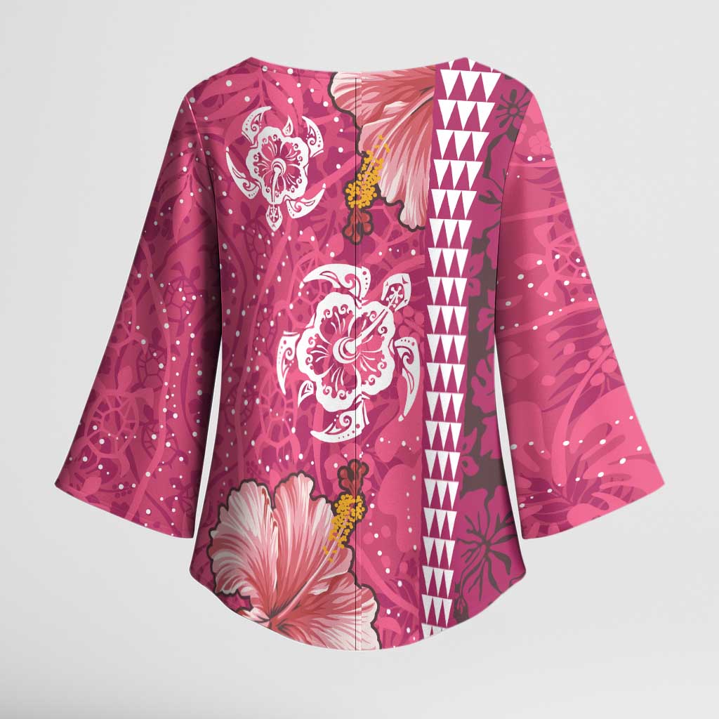 Pink Hibiscus Turle Kimono Sleeve Blouse Hawaiian Style Tribal Tapa Pattern - Polynesian Pride