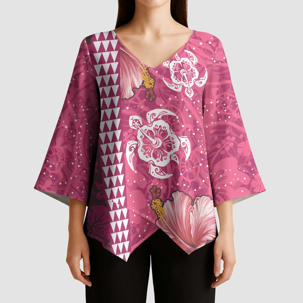 Pink Hibiscus Turle Kimono Sleeve Blouse Hawaiian Style Tribal Tapa Pattern - Polynesian Pride