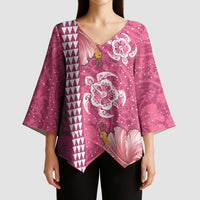 Pink Hibiscus Turle Kimono Sleeve Blouse Hawaiian Style Tribal Tapa Pattern - Polynesian Pride