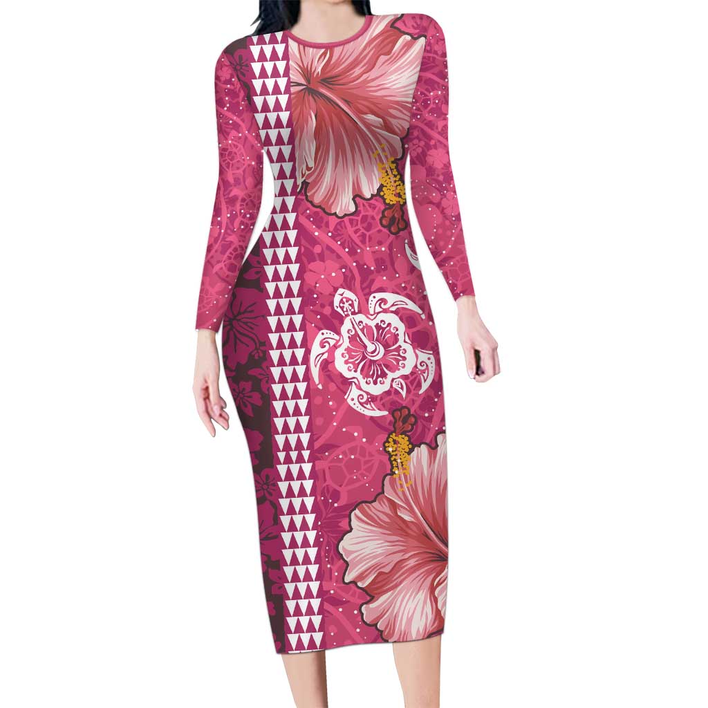 Pink Hibiscus Turle Long Sleeve Bodycon Dress Hawaiian Style Tribal Tapa Pattern