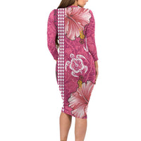 Pink Hibiscus Turle Long Sleeve Bodycon Dress Hawaiian Style Tribal Tapa Pattern