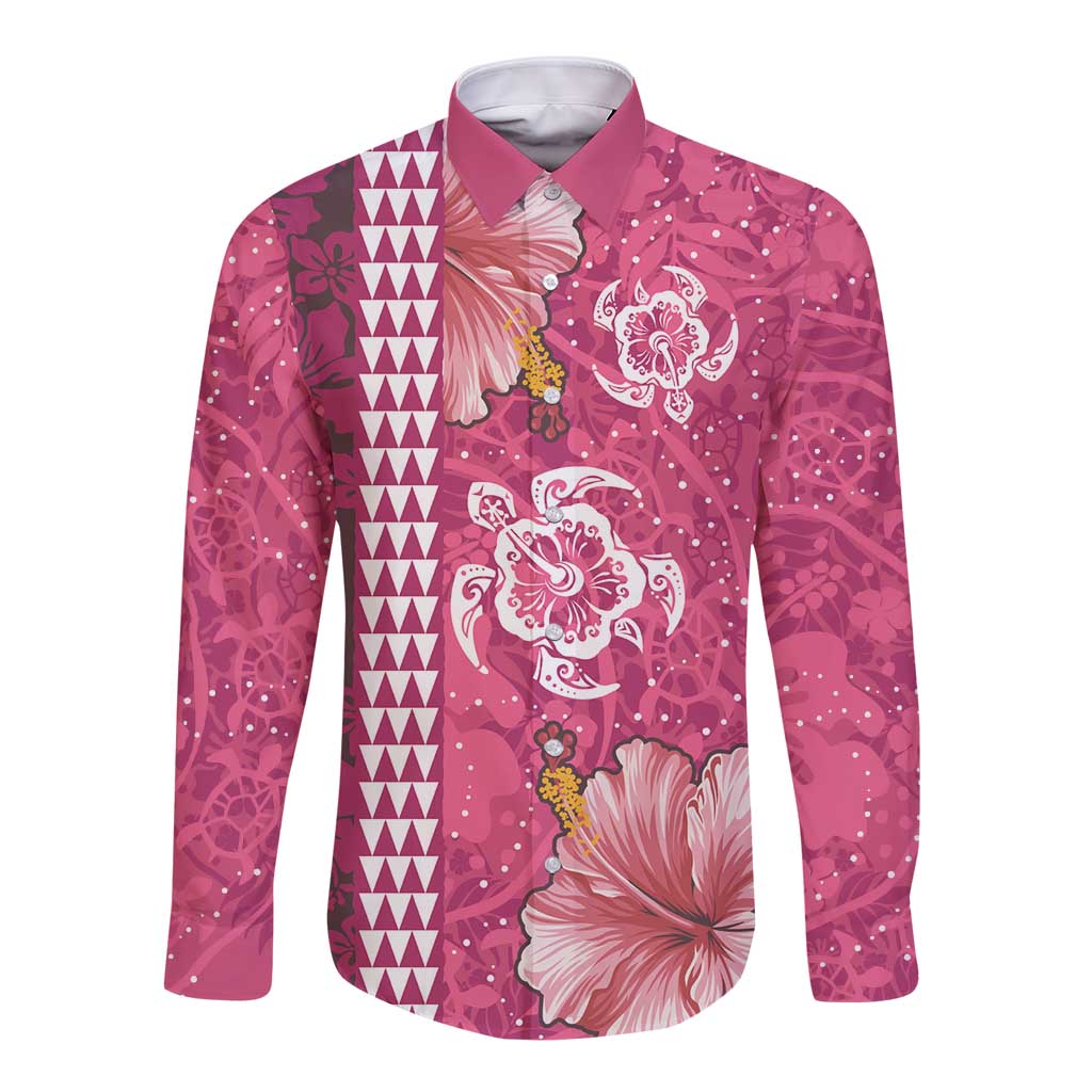 Pink Hibiscus Turle Long Sleeve Button Shirt Hawaiian Style Tribal Tapa Pattern LT9 Unisex Pink - Polynesian Pride