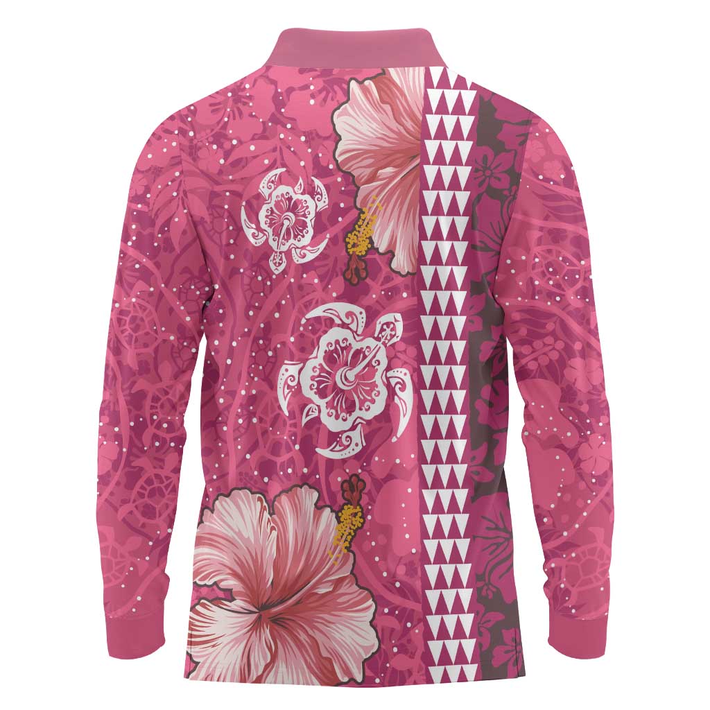Pink Hibiscus Turle Long Sleeve Polo Shirt Hawaiian Style Tribal Tapa Pattern