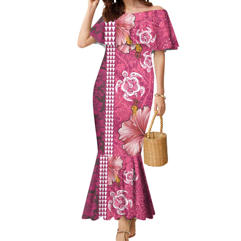 Pink Hibiscus Turle Mermaid Dress Hawaiian Style Tribal Tapa Pattern