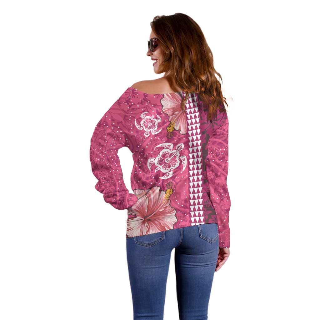 Pink Hibiscus Turle Off Shoulder Sweater Hawaiian Style Tribal Tapa Pattern