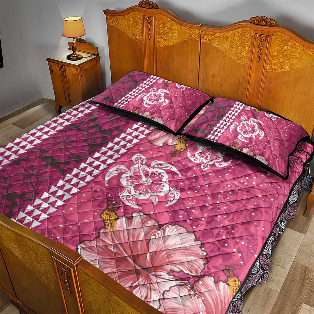 Pink Hibiscus Turle Quilt Bed Set Hawaiian Style Tribal Tapa Pattern