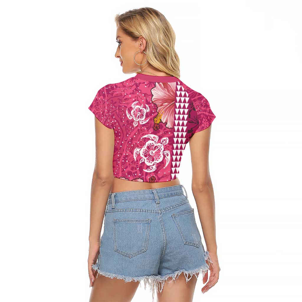 Pink Hibiscus Turle Raglan Cropped T Shirt Hawaiian Style Tribal Tapa Pattern LT9 - Polynesian Pride