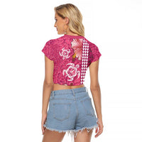 Pink Hibiscus Turle Raglan Cropped T Shirt Hawaiian Style Tribal Tapa Pattern LT9 - Polynesian Pride