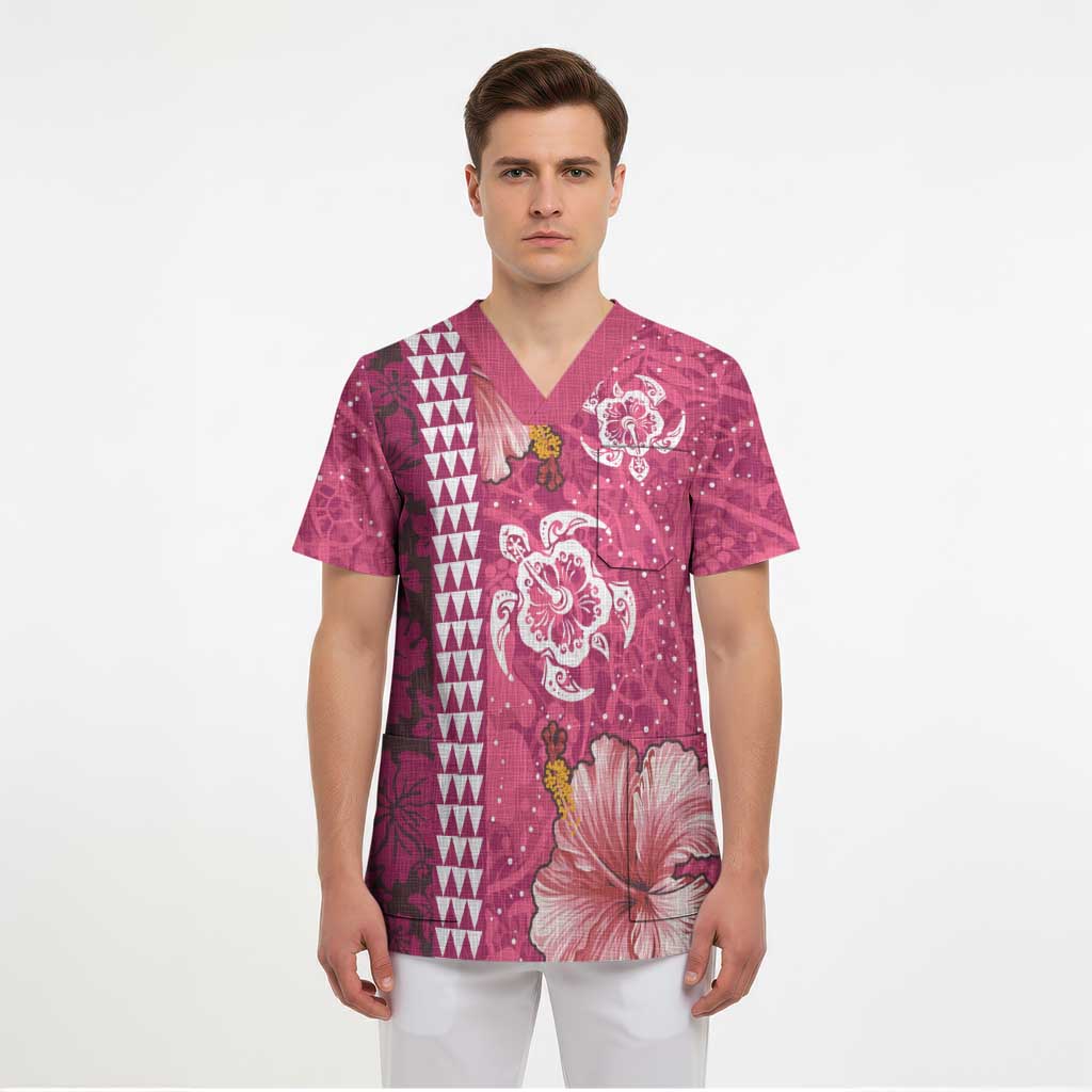 Pink Hibiscus Turle Scrub Top Hawaiian Style Tribal Tapa Pattern - Polynesian Pride