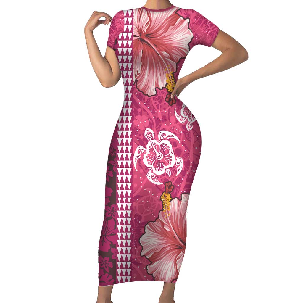 Pink Hibiscus Turle Short Sleeve Bodycon Dress Hawaiian Style Tribal Tapa Pattern