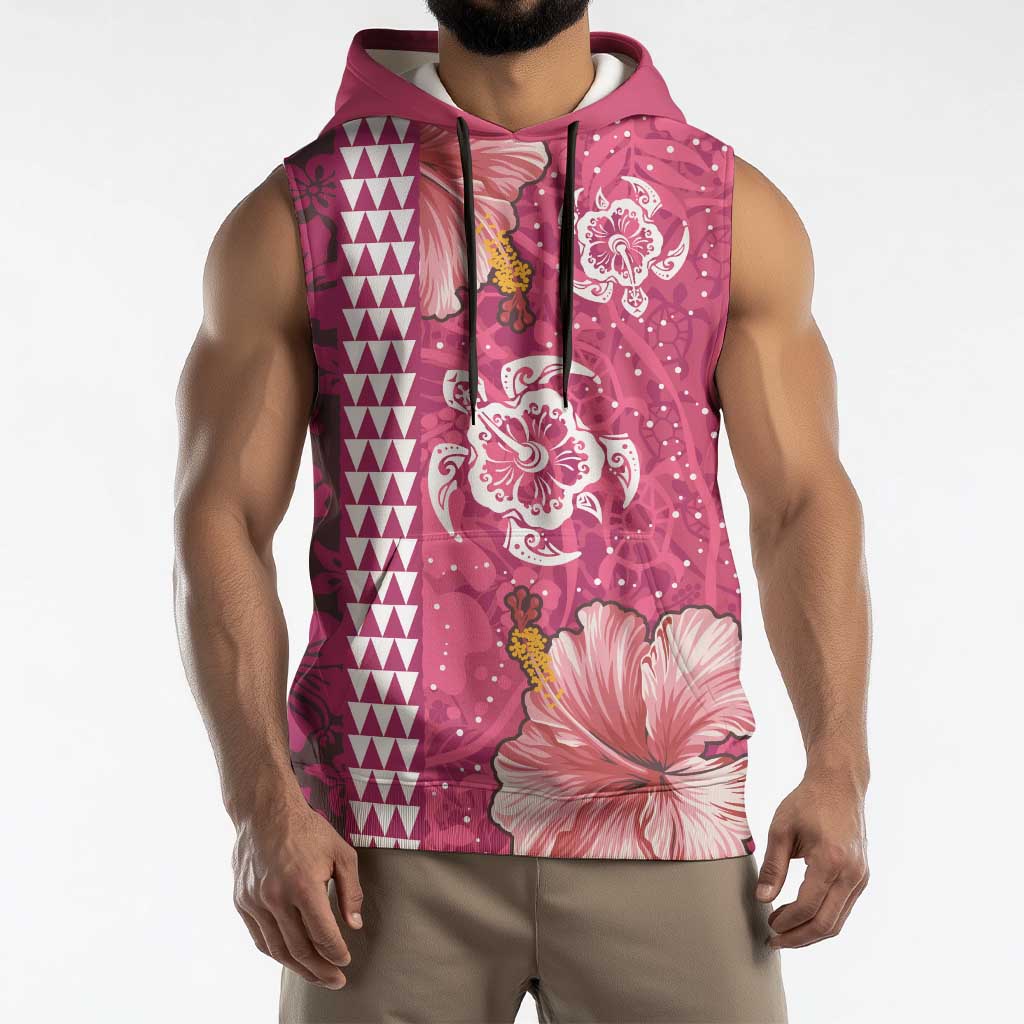 Pink Hibiscus Turle Sleeveless Hoodie Hawaiian Style Tribal Tapa Pattern - Polynesian Pride