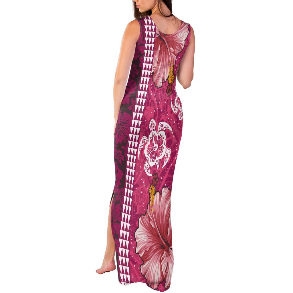 Pink Hibiscus Turle Tank Maxi Dress Hawaiian Style Tribal Tapa Pattern