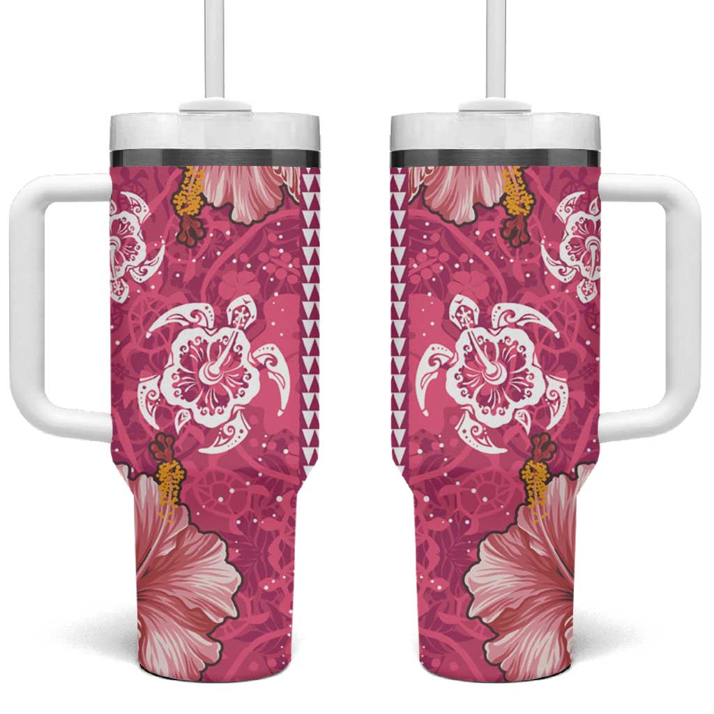 Pink Hibiscus Turle Tumbler With Handle Hawaiian Style Tribal Tapa Pattern