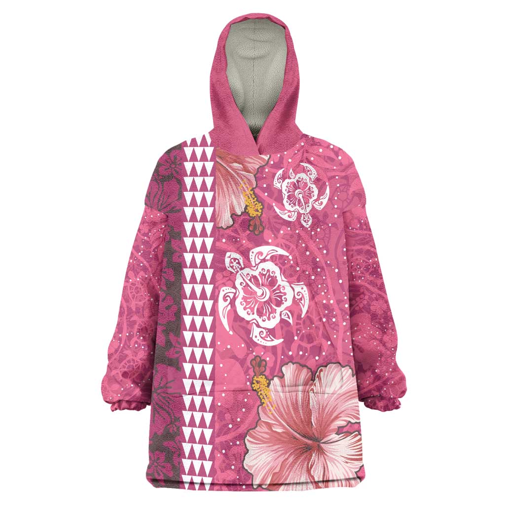 Pink Hibiscus Turle Wearable Blanket Hoodie Hawaiian Style Tribal Tapa Pattern