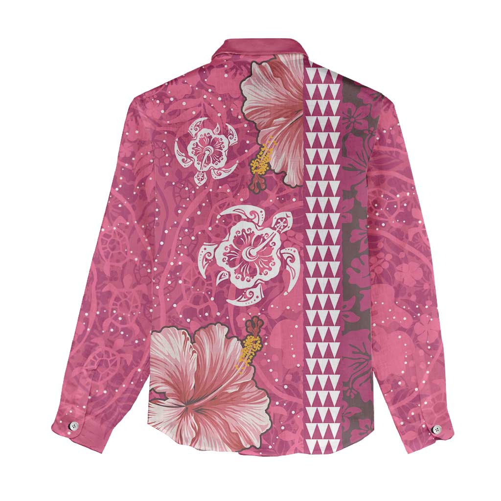 Pink Hibiscus Turle Women Casual Shirt Hawaiian Style Tribal Tapa Pattern