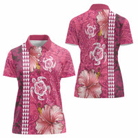 Pink Hibiscus Turle Women Polo Shirt Hawaiian Style Tribal Tapa Pattern