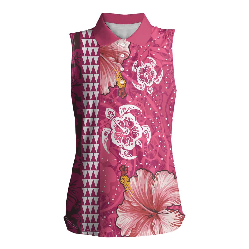 Pink Hibiscus Turle Women Sleeveless Polo Shirt Hawaiian Style Tribal Tapa Pattern