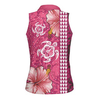 Pink Hibiscus Turle Women Sleeveless Polo Shirt Hawaiian Style Tribal Tapa Pattern