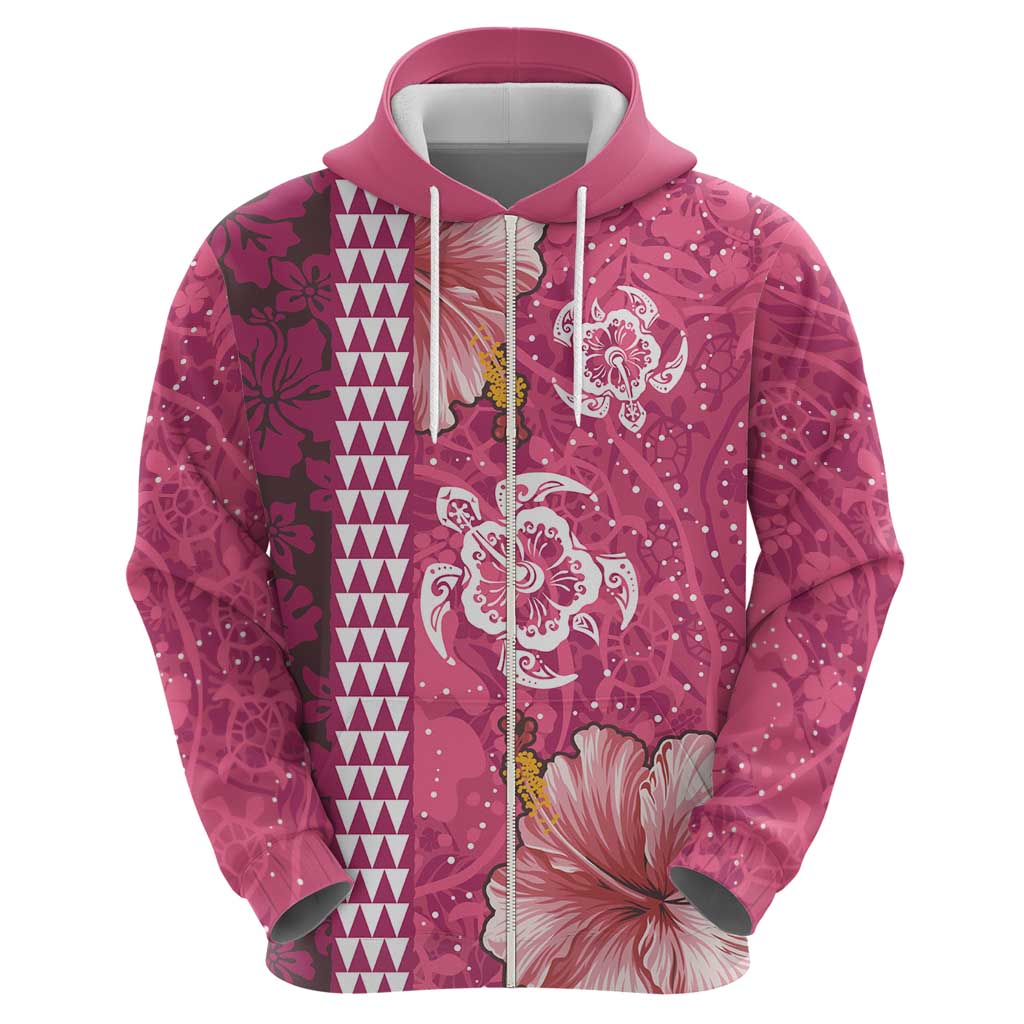 Pink Hibiscus Turle Zip Hoodie Hawaiian Style Tribal Tapa Pattern