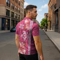 Pink Hibiscus Turle Zipper Polo Shirt Hawaiian Style Tribal Tapa Pattern - Polynesian Pride
