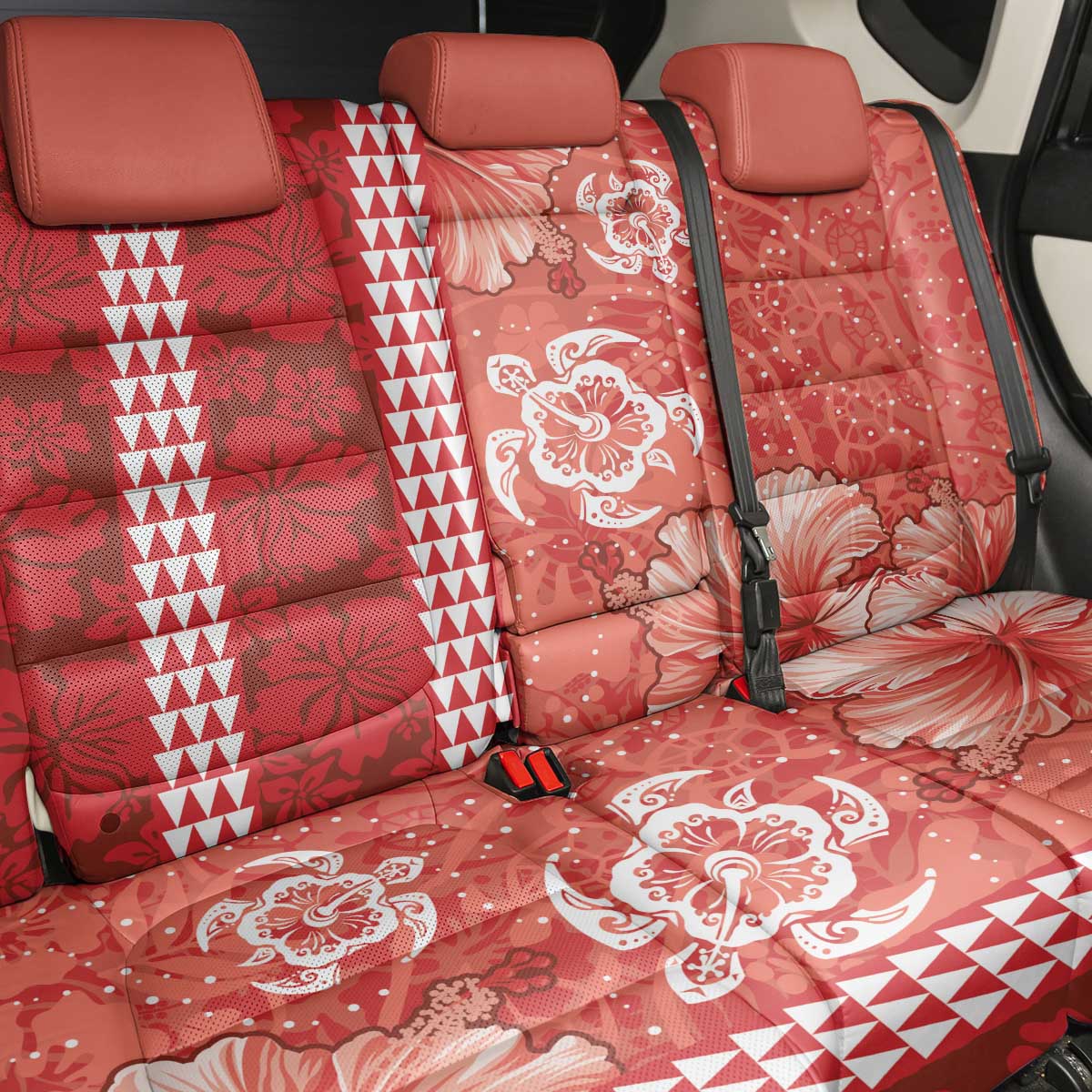 Red Hibiscus Turle Back Car Seat Cover Hawaiian Style Tribal Tapa Pattern