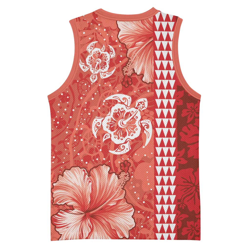 Red Hibiscus Turle Basketball Jersey Hawaiian Style Tribal Tapa Pattern - Polynesian Pride