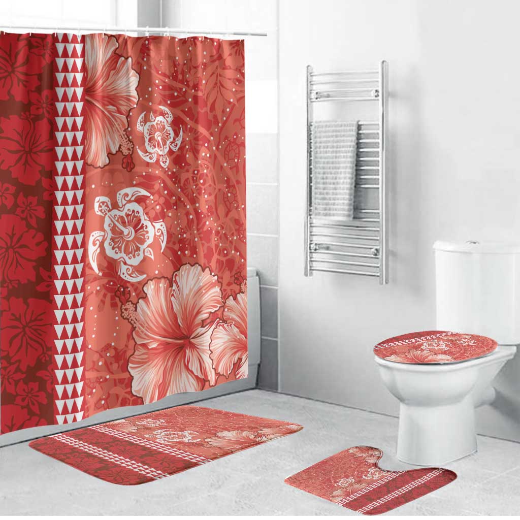 Red Hibiscus Turle Bathroom Set Hawaiian Style Tribal Tapa Pattern - Polynesian Pride