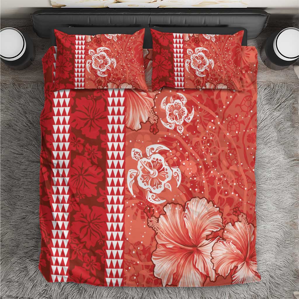 Red Hibiscus Turle Bedding Set Hawaiian Style Tribal Tapa Pattern