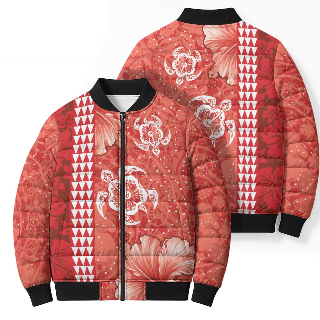Red Hibiscus Turle Bomber Puffer Jacket Hawaiian Style Tribal Tapa Pattern - Polynesian Pride